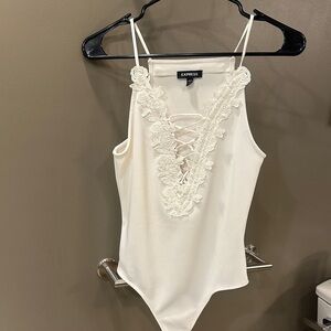 Express Ivory Floral Lace-Up Bodysuit